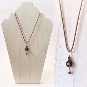 VTG Sterling Silver SX925 Grey Red Glass Bead Fabric Cord Necklace